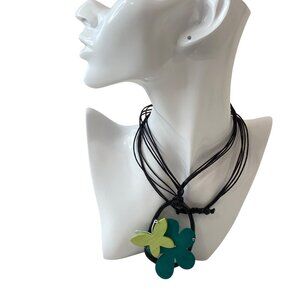 Black Multistrand Necklace With wood Green Butterfly & Teal Flower Pendant